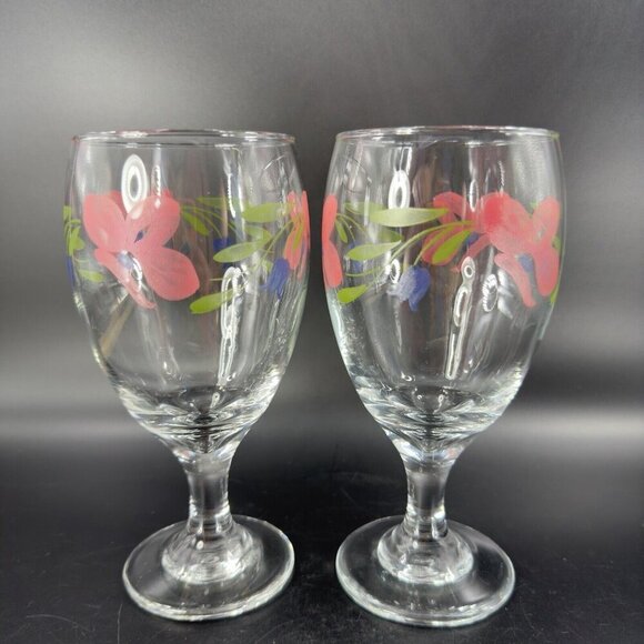 Libbey Barware Glasses Pink Flowers Water Goblet Drinking Glasses Set 2 VTG - Picture 13 of 14